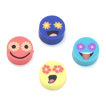 Handmade Polymer Clay Beads, Flat Round with Smiling Face Pattern, Mixed Color, 9x4.5mm, Hole: 1.8mm