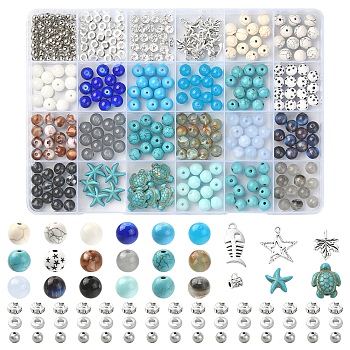 DIY Jewelry Making Finding Kit, Including Alloy Donut Beads & Fishbone Star Pendant & Tube Bail, Glass Round & Acrylic & Synthetic Howlite & Turquoise & Plastic & Rhinestone & Resin Beads, Mixed Color, 371Pcs/box