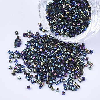Electroplate Glass Cylinder Beads, Seed Beads, Round Hole, Iris, Colorful, 1.5~2x1~2mm, Hole: 0.8mm, about 8000pcs/bag, about 85~95g/bag