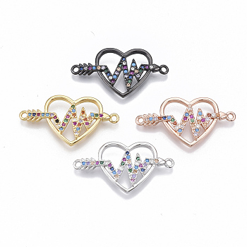 Brass Micro Pave Cubic Zirconia Links connectors, Heart with Heartbeat & Arrow, Colorful, Mixed Color, 15x28.5x2.5mm, Hole: 1.2mm
