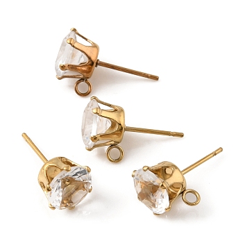 Ion Plating(IP) 304 Stainless Steel Stud Earring Findings, with Cubic Zirconia & Vertical Loops, Flat Round, Clear, 10.5x8mm, Hole: 1.8mm, Pin: 1mm