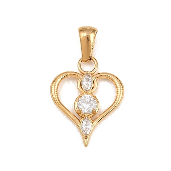 316 Surgical Stainless Steel Micro Pave Clear Cubic Zirconia Pendants, Heart Charms, PVD Vacuum Plating, Real 18K Gold Plated, 20x15.5x3mm, Hole: 5x2mm