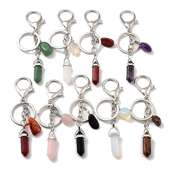 Natural & Synthetic Mixed Gemstone Keychain, with Platinum Plated Iron Split Key Rings, Bullet, 11~11.2cm