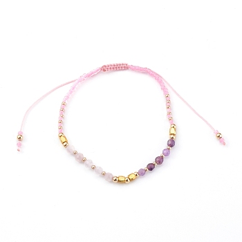 Adjustable Nylon Cord Braided Bead Bracelets, with Natural Rose Quartz & Amethyst Beads, Glass Seed Beads and Brass Beads, Golden, Inner Diameter: 2-1/8~3-1/2 inch(5.5~9cm)
