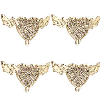 4Pcs Brass Micro Pave Clear Cubic Zirconia Brooch Findings, with Loops, Heart with Angel Wing, Real 18K Gold Plated, 34x16x6.5mm, Hole: 1.2mm
