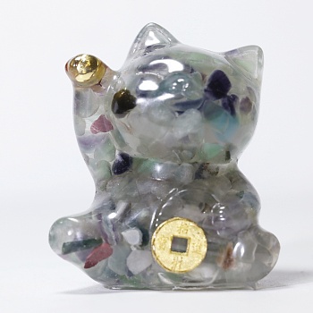 Resin Craft Display Decorations, with Natural Fluorite Chip, Lucky Cat Figurine, for Home Feng Shui Ornament, 63x55x45mm