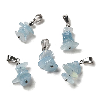 Natural Aquamarine Chip Pendants, Lucky Charms with Stainless Steel Color Plated Stainless Steel Snap on Bails, 24~27x11~14x7~10mm, Hole: 7x4mm