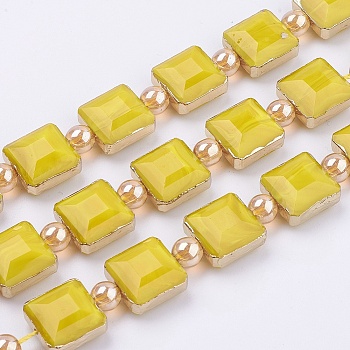 Opaque Glass Beads Strands, with Brass Findings, Faceted, Square, Gold, 13x13x8mm, Hole: 1mm, about 10pcs/strand, 7.2 inch (18.3cm)