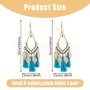 6 Pairs 6 Colors Leaf & Cotton Tassel Chandelier Earrings(EJEW-FI0003-14)-2