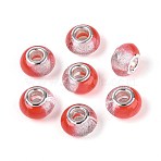 Transparent Resin Rondelle European Beads, with Glitter Powder & Platinum Tone Brass Cores, Large Hole Beads, Tomato, 14x9mm, Hole: 5mm(RESI-N044-02G)