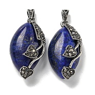 Dyed Natural Lapis Lazuli Horse Eye Pendants, Rack Plating Alloy Rhinestone Heart Leaf Charms, Antique Silver, Cadmium Free & Lead Free, 31x16x11.5mm, Hole: 5x3mm(G-F766-01AS-05)