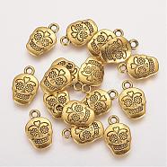 Mexico Holiday Day of the Dead Sugar Skull Tibetan Style Alloy Metal Pendants, For Mexico Holiday Day of the Dead, Lead Free & Cadmium Free, Antique Golden, 18x12x3mm, Hole: 2mm(TIBEP-21061-AG-LF)