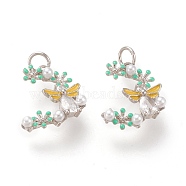 Brass Micro Pave Clear Cubic Zirconia Charms, with Jump Rings, with Enamel and ABS Plastic Imitation Pearl, Long-Lasting Plated, Flower with Butterfly, Platinum, 14x10.5x3.2mm, Hole: 2.5mm(KK-F820-27P)