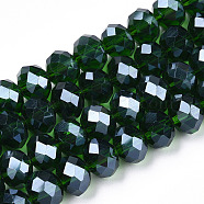 Electroplate Glass Beads Strands, Pearl Luster Plated, Faceted, Rondelle, Dark Green, 10x8mm, Hole: 1mm, about 65~66pcs/strand, 20.8~21.2 inch(53~54cm)(EGLA-A034-T10mm-A31)