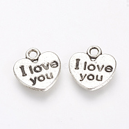 Tibetan Style Alloy Pendants, Heart with Word I Love, For Valentine's Day you, Cadmium Free & Nickel Free & Lead Free, Antique Silver, 11.5x11x1mm, Hole: 2mm(X-TIBE-S303-20AS-NR)