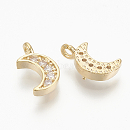Brass Micro Pave Cubic Zirconia Charms, Moon, Nickel Free, Real 18K Gold Plated, Clear, 9.5x5x1.5mm, Hole: 1mm(X-ZIRC-Q014-055G)