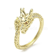 Dragon Brass with Cubic Zirconia Open Cuff Ring, Real 14K Gold Plated, Inner Diameter: 17.6mm(RJEW-L111-02G)