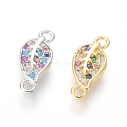 Brass Micro Pave Cubic Zirconia Links connectors, Leaf, Colorful, Mixed Color, 12.5x5.5x2mm, Hole: 1.2mm(ZIRC-I032-33)