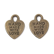 Tibetan Style Alloy Heart Charms, with Phrase Hand Made with Love, Cadmium Free & Nickel Free & Lead Free, Antique Bronze, 15x12x1mm, Hole: 2.5mm, about 1333pcs/1000g(TIBEP-Q035-07AB-NR)