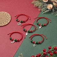 5Pcs 5 Styles Adjustable Red Green Round Wood Braided Bead Bracelet Sets, Christmas Alloy Enamel Charm Stackable Bracelets for Women, Mixed Shapes, Inner Diameter: 2-1/8~3-3/8 inch(5.5~8.5cm), 1pc/style(BJEW-JB09928-S)