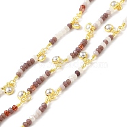 Handmade Round Glass Beaded Chain, with Gold Plated Brass Chains and CCB Pearl Charms, Long-Lasting Plated, Soldered, with Spool, Indian Red, 25x3mm(CHC-E023-20G-03)