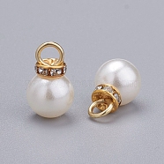 Acrylic Pearl Pendants, with Crystal Rhinestone and Golden Tone Iron Loop, Round, White, 19.5x12mm, Hole: 4.5mm(IFIN-I031-02A-G)