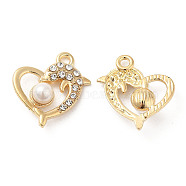 Alloy Pendants, with Crystal Rhinstone and ABS Plastic Imitation Pearl, Heart with Dolphin Charm, Lead Free & Cadmium Free, Light Gold, 20x15x5.5mm, Hole: 1.8mm(ALRI-L051-10KCG)