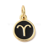 Real 18K Gold Plated Brass Enamel Charms, with Jump Ring, Long-Lasting Plated, Lead Free & Cadmium Free, Flat Round with Aries Charms, Black, 10x8x1mm, Hole: 4mm(KK-L216-001G-J01)