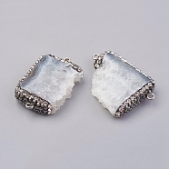 Natural Druzy Quartz Crystal Links Connectors, Rock Crystal, with Polymer Clay Rhinestone and Brass Findings, Rectangle, Platinum, 37~40x23~28x7.5~9mm, Hole: 2mm(G-K258-09)