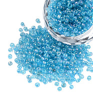 Round Trans. Colors Rainbow Glass Seed Beads, Deep Sky Blue, 
Size: about 2mm in diameter, hole:1mm, about 3306pcs/50g(X-SEED-A007-2mm-163)