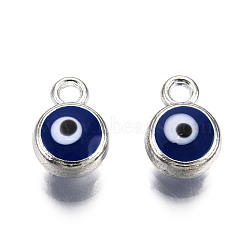Alloy Enamel Charms, Cadmium Free & Nickel Free & Lead Free, Antique Silver, Flat Round with Evil Eye, Midnight Blue, 9.5x6.5x4mm, Hole: 1.6mm(PALLOY-N155-140)