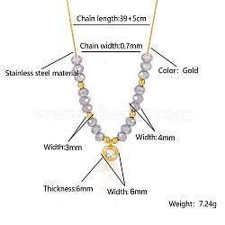 Stainless Steel Crystal Rhinestone Flat Round Pendant Glass Beaded Necklaces for Women, Real 18K Gold Plated, Gray, 15.35 inch(39cm)(GE4228-6)