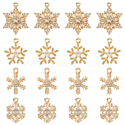 16Pcs 4 Styles Brass Micro Cubic Zirconia Charms, Snowflake Charms, Real 18K Gold Plated, 13~18x9.5~14x2.5~3mm, Hole: 0.9~1.2mm, 4pcs/style(KK-SC0006-98)