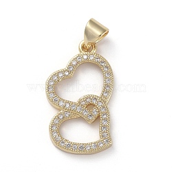 Brass Micro Pave Cubic Zirconia Pendants, Heart to Heart, Clear, Golden, 22.5x13x2mm, Hole: 3x4mm(ZIRC-G157-11G-02)