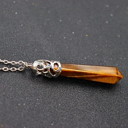 Natural Tiger Eye Faceted Bullet Point Pendant Necklaces, Bullet Head, Alloy Cable Chain Necklaces, Platinum, 15.75 inch(40cm)(FS-WG32EE9-06)