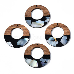 Opaque Resin & Walnut Wood Pendants, with Shell Chips, Two Tone, Donut, Black, 38x3mm, Hole: 2mm(RESI-T035-20-B01)