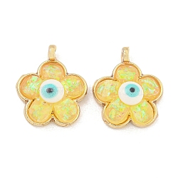 Translucent Evil Eye Resin Pendants, Rack Plating Brass Flower Charms with Gold Foil, Real 18K Gold Plated, Long-Lasting Plated, Cadmium Free & Lead Free, Yellow, 17x14x5.5mm, Hole: 1.5mm(KK-M219-22G-06)