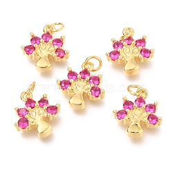 Brass Micro Pave Purple Cubic Zirconia Charms, with Jump Rings, Flower, Real 18K Gold Plated, 12x11x3.2mm, Hole: 2.6mm(ZIRC-O036-35G)