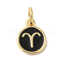 Real 18K Gold Plated Brass Enamel Charms, with Jump Ring, Long-Lasting Plated, Lead Free & Cadmium Free, Flat Round with Aries Charms, Black, 10x8x1mm, Hole: 4mm(KK-L216-001G-J01)