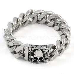 304 Stainless Steel Cuban Link Chain Bracelets for Men, Skull, Antique Silver, 8-5/8 inch(22cm)(BJEW-B102-05AS)