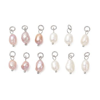 2Pcs 2 Colors Natural Pearl Pendants, Potato Charms with 304 Stainless Steel Loops, Stainless Steel Color, Mixed Color, 13.5~15.5x6~7.5x5.5~6.5mm, Jump Ring: 5x0.8mm, Inner Diameter: 3.5mm, 1pc/color