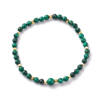 Natural Malachite Beaded Bracelets, with Electroplate Non-magnetic Synthetic Hematite Beads, Faceted Round, Inner Diameter: 2-1/2 inch(6.4cm)