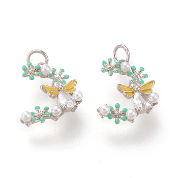 Brass Micro Pave Clear Cubic Zirconia Charms, with Jump Rings, with Enamel and ABS Plastic Imitation Pearl, Long-Lasting Plated, Flower with Butterfly, Platinum, 14x10.5x3.2mm, Hole: 2.5mm