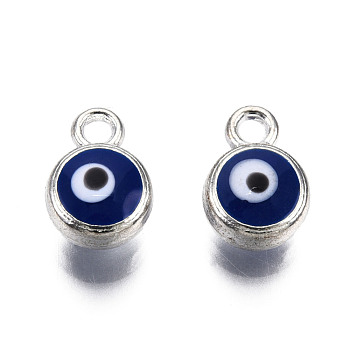 Alloy Enamel Charms, Cadmium Free & Nickel Free & Lead Free, Antique Silver, Flat Round with Evil Eye, Midnight Blue, 9.5x6.5x4mm, Hole: 1.6mm