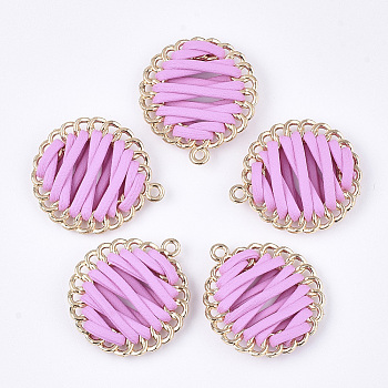 Imitation Leather Cord Woven Pendant, with Alloy Findings, Flat Round, Golden, Plum, 32x28.5x6~7mm, Hole: 1.8mm