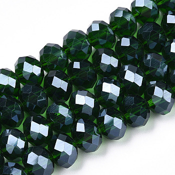 Electroplate Glass Beads Strands, Pearl Luster Plated, Faceted, Rondelle, Dark Green, 10x8mm, Hole: 1mm, about 65~66pcs/strand, 20.8~21.2 inch(53~54cm)
