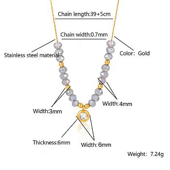 Stainless Steel Crystal Rhinestone Flat Round Pendant Glass Beaded Necklaces for Women, Real 18K Gold Plated, Gray, 15.35 inch(39cm)