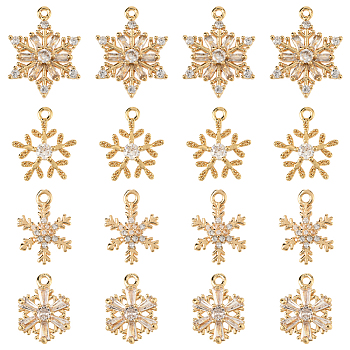 16Pcs 4 Styles Brass Micro Cubic Zirconia Charms, Snowflake Charms, Real 18K Gold Plated, 13~18x9.5~14x2.5~3mm, Hole: 0.9~1.2mm, 4pcs/style