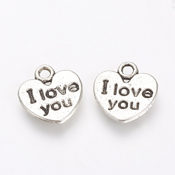 Tibetan Style Alloy Pendants, Heart with Word I Love, For Valentine's Day you, Cadmium Free & Nickel Free & Lead Free, Antique Silver, 11.5x11x1mm, Hole: 2mm