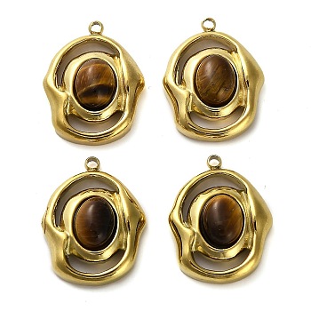 Natural Tiger Eye Pendants, 304 Stainless Steel Color Oval Charms, Golden, 20.5x16x6.5mm, Hole: 1.5mm